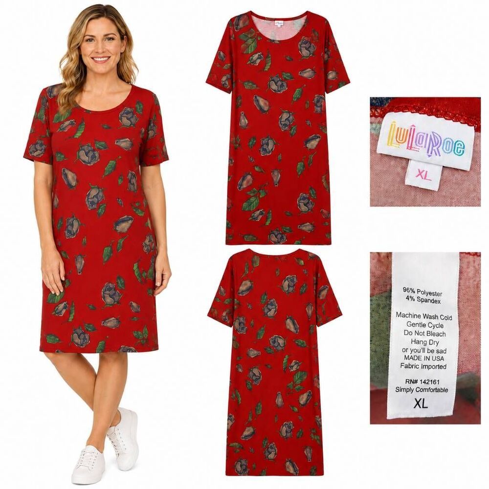 LuLaRoe Women’s Carly Dress XL Red Green Blue Abstract Fruit Leaf Print Stretchy